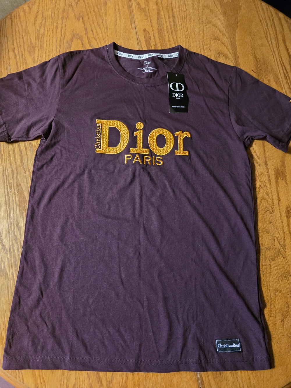 Dior Women's Maroon Logo T-Shirt - Dior Paris Embroidered